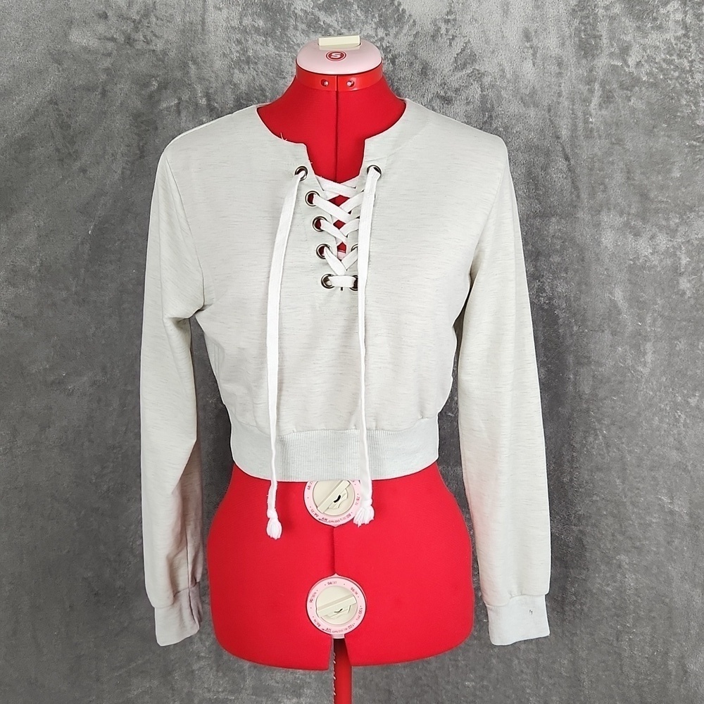 Women's Cream Lace-Up Cropped Sweatshirt Pullover Top Size M